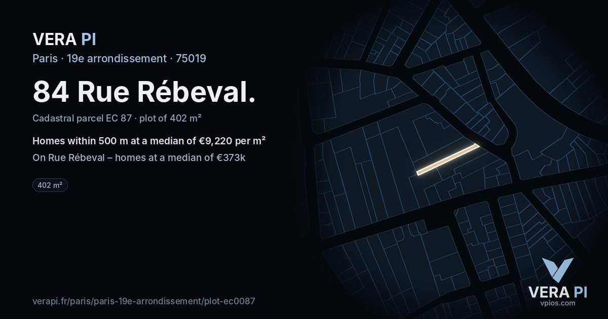 84 Rue Rébeval, 19e arrondissement at night – the plot lit, the parcels around coloured by the prices near them