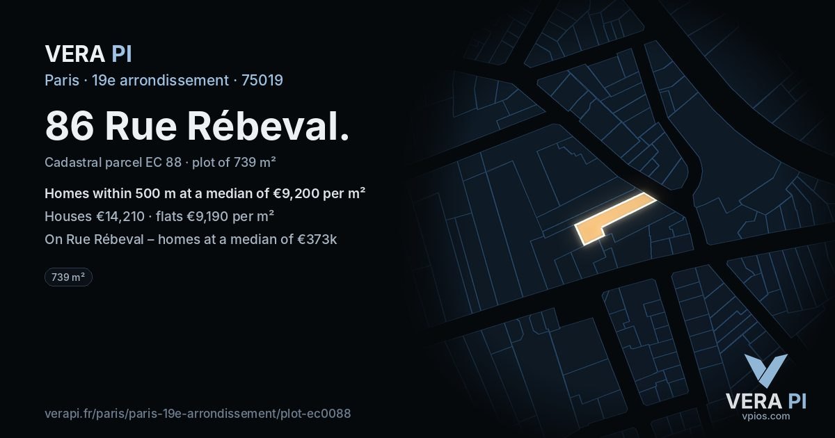86 Rue Rébeval, 19e arrondissement at night – the plot lit, the parcels around coloured by the prices near them