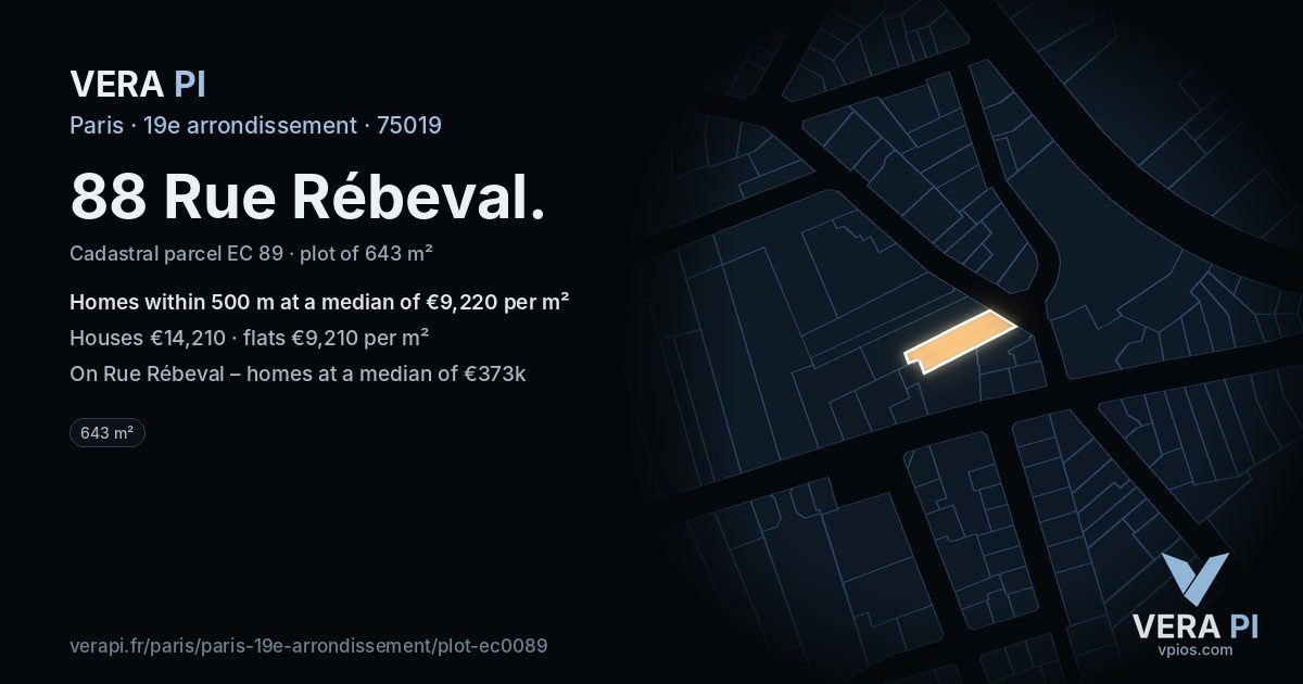 88 Rue Rébeval, 19e arrondissement at night – the plot lit, the parcels around coloured by the prices near them