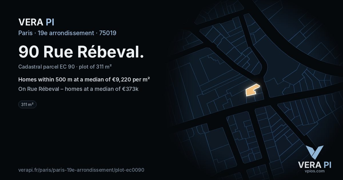 90 Rue Rébeval, 19e arrondissement at night – the plot lit, the parcels around coloured by the prices near them