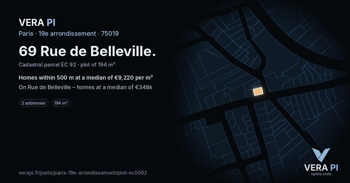 69 Rue de Belleville, 19e arrondissement at night – the plot lit, the parcels around coloured by the prices near them