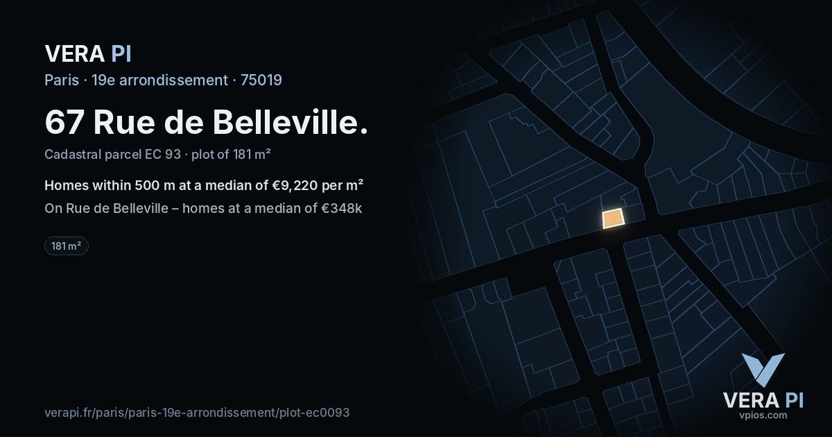 67 Rue de Belleville, 19e arrondissement at night – the plot lit, the parcels around coloured by the prices near them