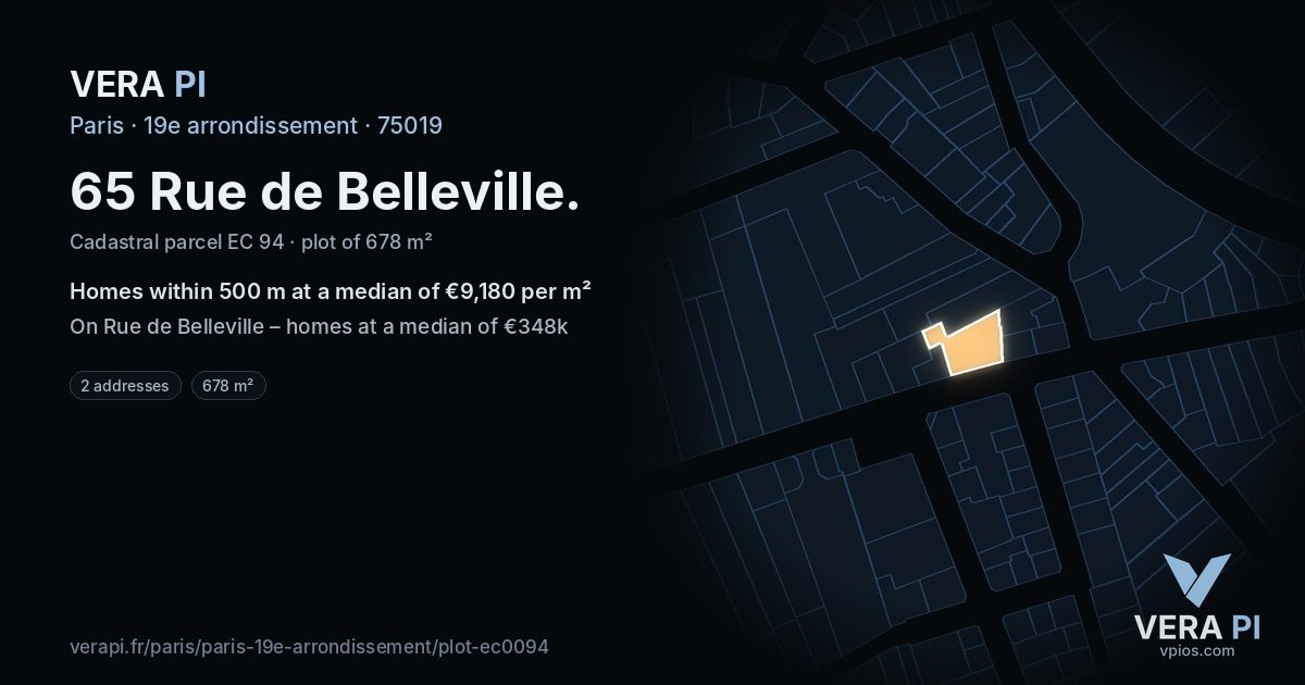 65 Rue de Belleville, 19e arrondissement at night – the plot lit, the parcels around coloured by the prices near them