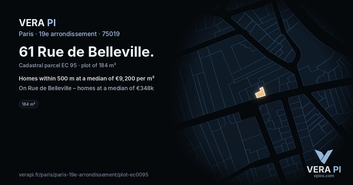 61 Rue de Belleville, 19e arrondissement at night – the plot lit, the parcels around coloured by the prices near them