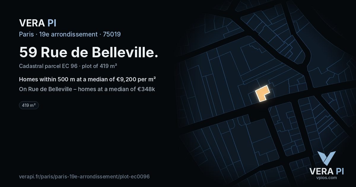 59 Rue de Belleville, 19e arrondissement at night – the plot lit, the parcels around coloured by the prices near them