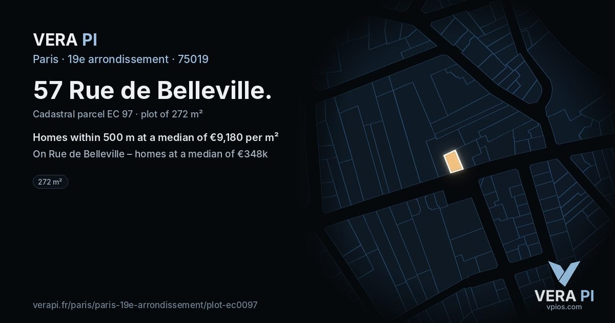 57 Rue de Belleville, 19e arrondissement at night – the plot lit, the parcels around coloured by the prices near them