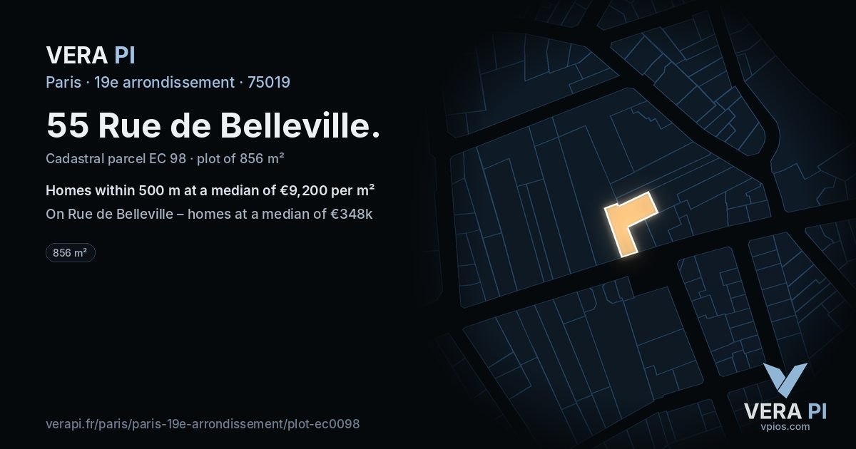 55 Rue de Belleville, 19e arrondissement at night – the plot lit, the parcels around coloured by the prices near them