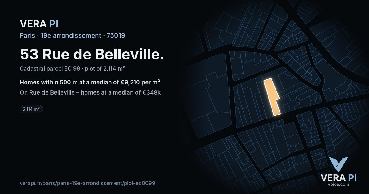53 Rue de Belleville, 19e arrondissement at night – the plot lit, the parcels around coloured by the prices near them