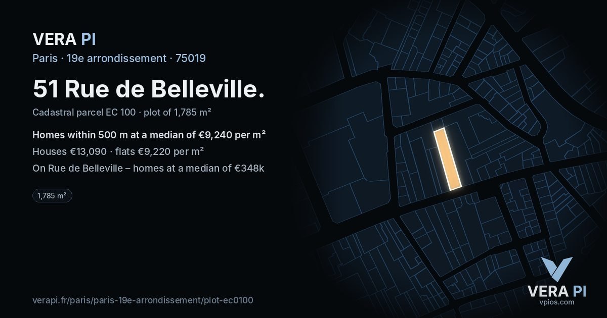 51 Rue de Belleville, 19e arrondissement at night – the plot lit, the parcels around coloured by the prices near them