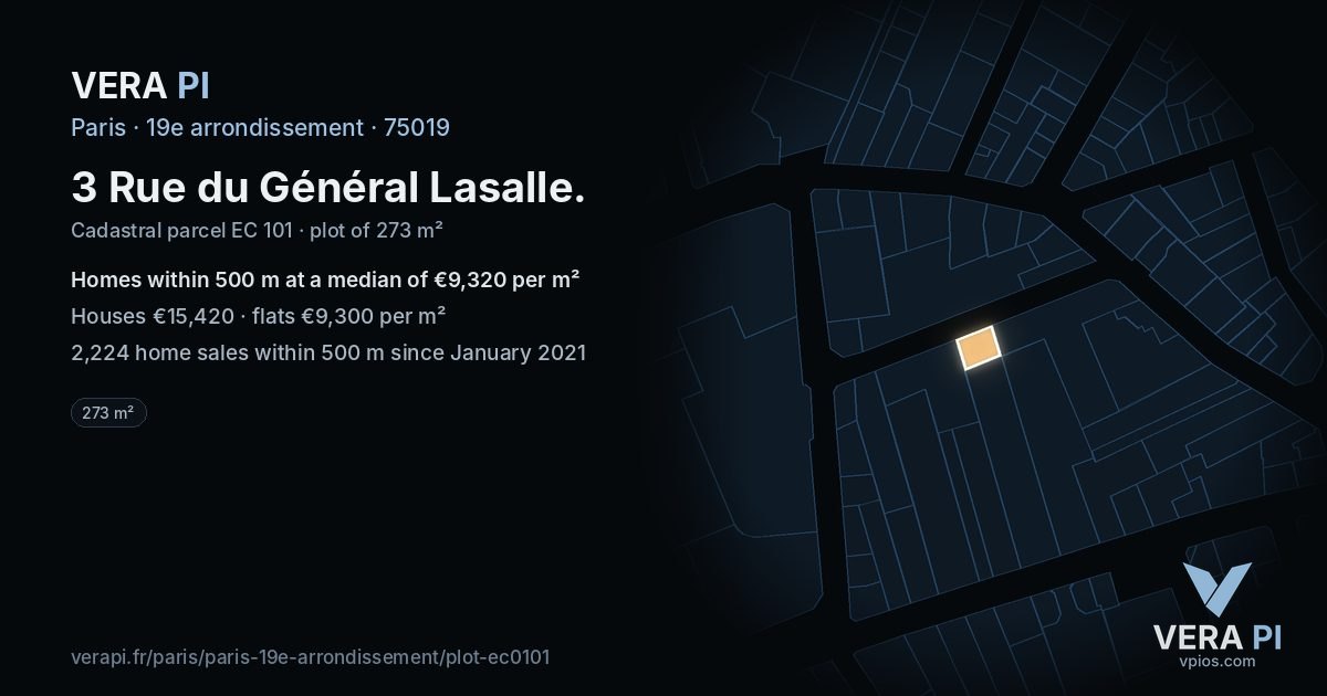 3 Rue du Général Lasalle, 19e arrondissement at night – the plot lit, the parcels around coloured by the prices near them