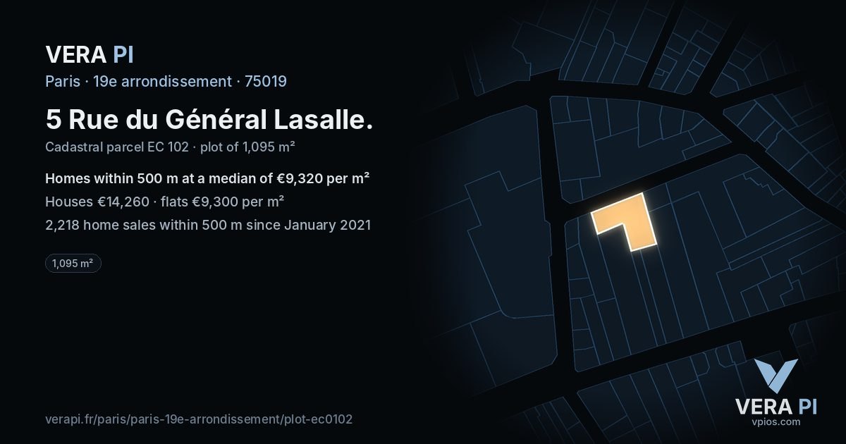 5 Rue du Général Lasalle, 19e arrondissement at night – the plot lit, the parcels around coloured by the prices near them