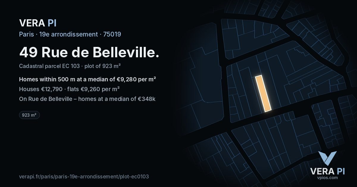49 Rue de Belleville, 19e arrondissement at night – the plot lit, the parcels around coloured by the prices near them