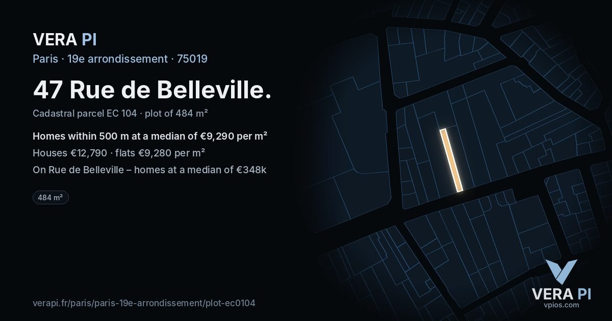 47 Rue de Belleville, 19e arrondissement at night – the plot lit, the parcels around coloured by the prices near them