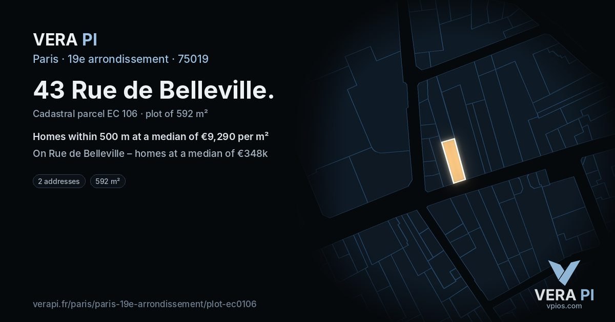 43 Rue de Belleville, 19e arrondissement at night – the plot lit, the parcels around coloured by the prices near them