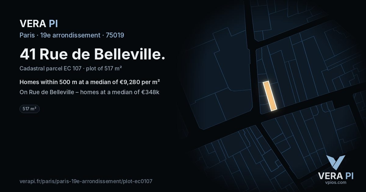 41 Rue de Belleville, 19e arrondissement at night – the plot lit, the parcels around coloured by the prices near them