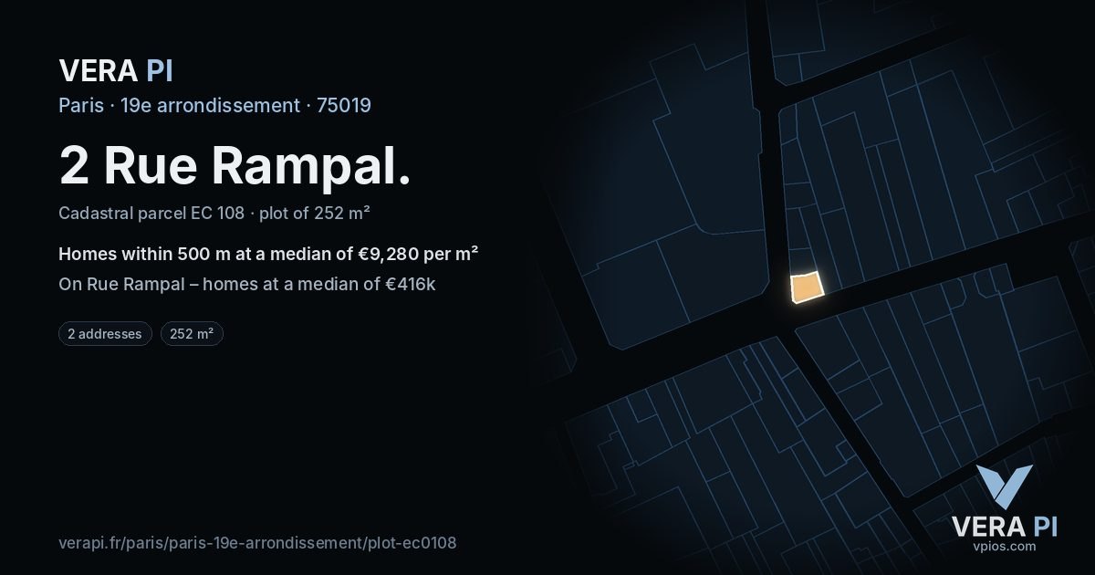 2 Rue Rampal, 19e arrondissement at night – the plot lit, the parcels around coloured by the prices near them