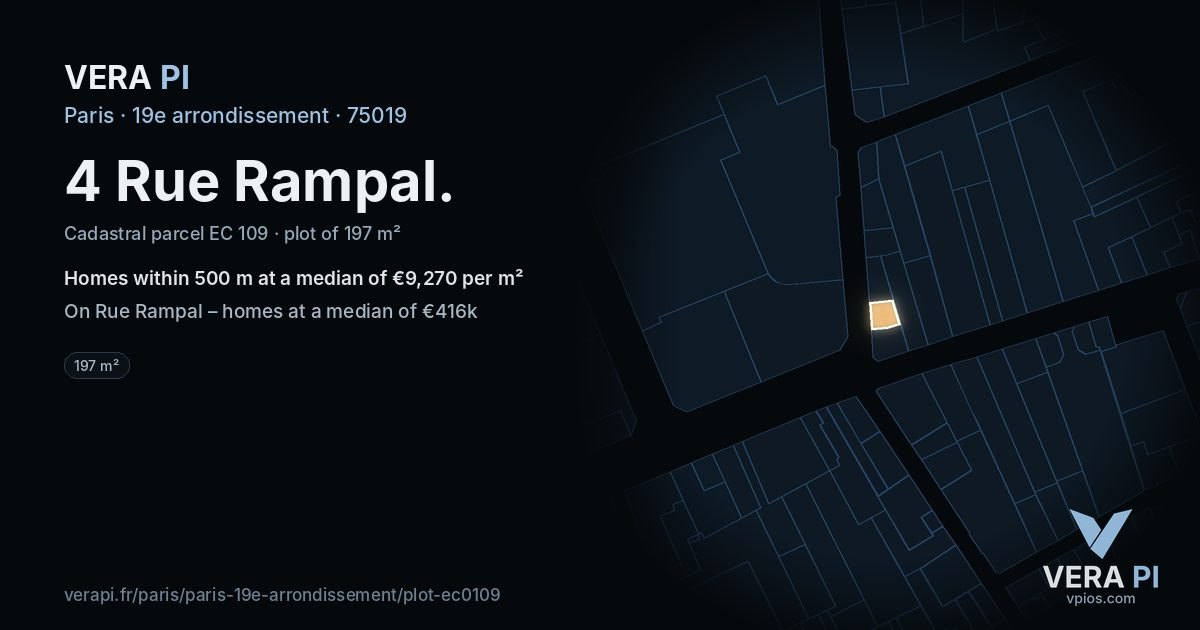 4 Rue Rampal, 19e arrondissement at night – the plot lit, the parcels around coloured by the prices near them