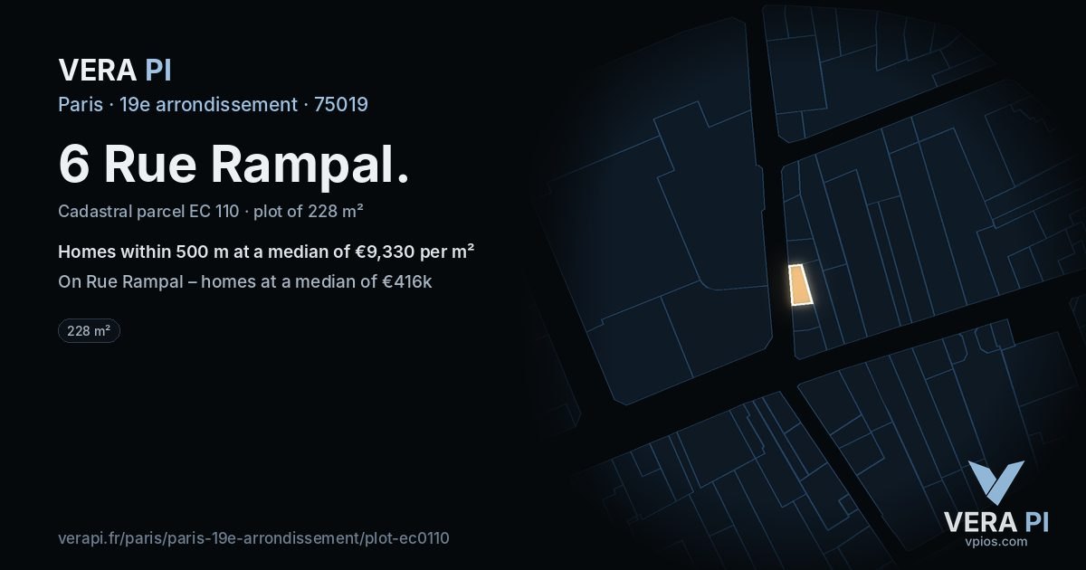 6 Rue Rampal, 19e arrondissement at night – the plot lit, the parcels around coloured by the prices near them