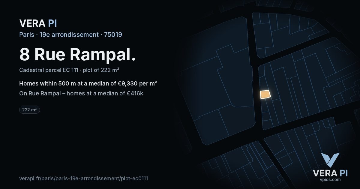 8 Rue Rampal, 19e arrondissement at night – the plot lit, the parcels around coloured by the prices near them