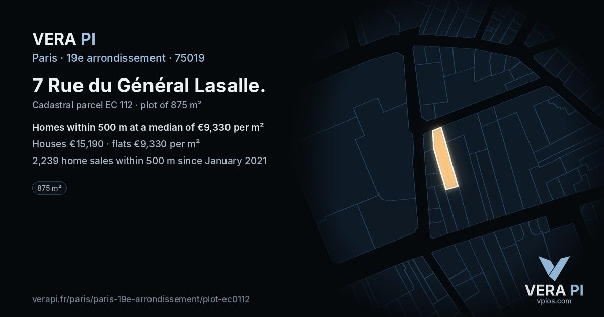 7 Rue du Général Lasalle, 19e arrondissement at night – the plot lit, the parcels around coloured by the prices near them