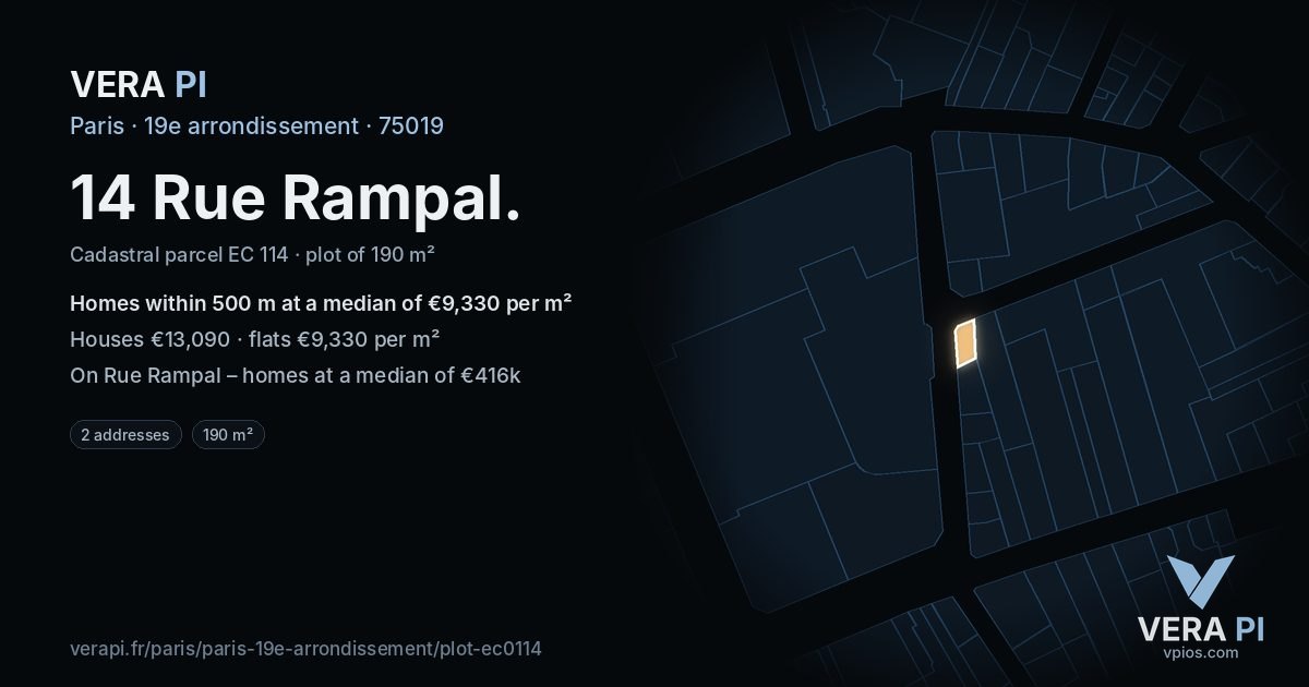 14 Rue Rampal, 19e arrondissement at night – the plot lit, the parcels around coloured by the prices near them