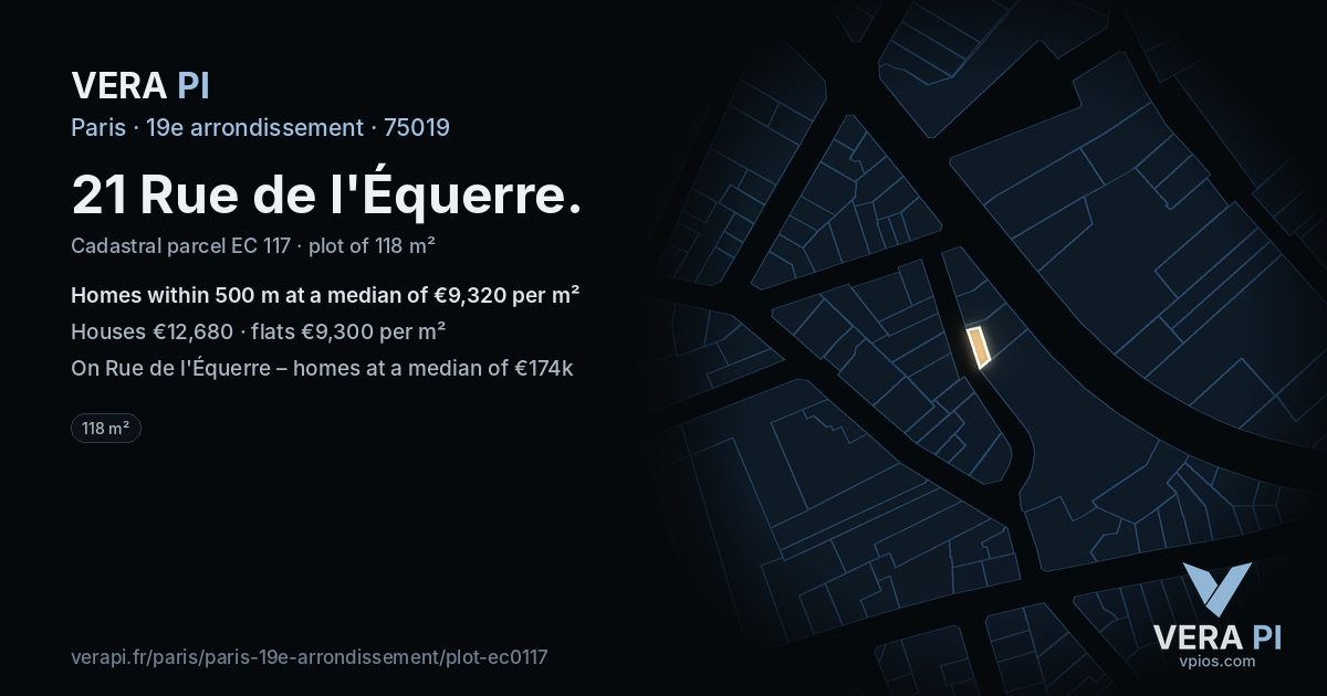 21 Rue de l'Équerre, 19e arrondissement at night – the plot lit, the parcels around coloured by the prices near them