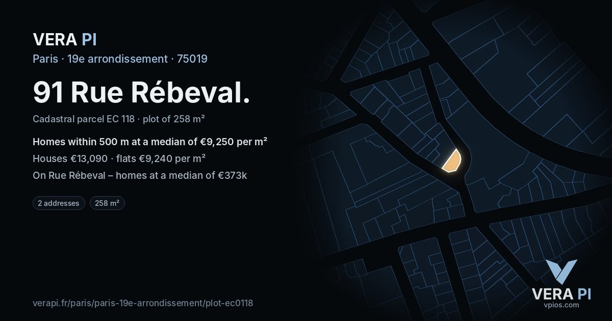91 Rue Rébeval, 19e arrondissement at night – the plot lit, the parcels around coloured by the prices near them