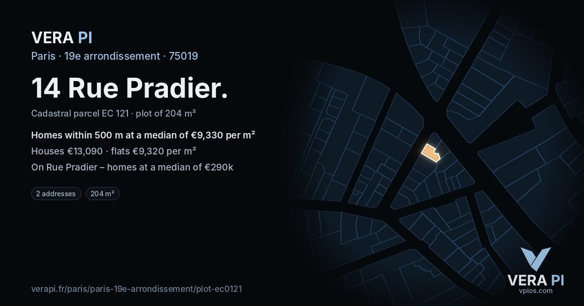 14 Rue Pradier, 19e arrondissement at night – the plot lit, the parcels around coloured by the prices near them