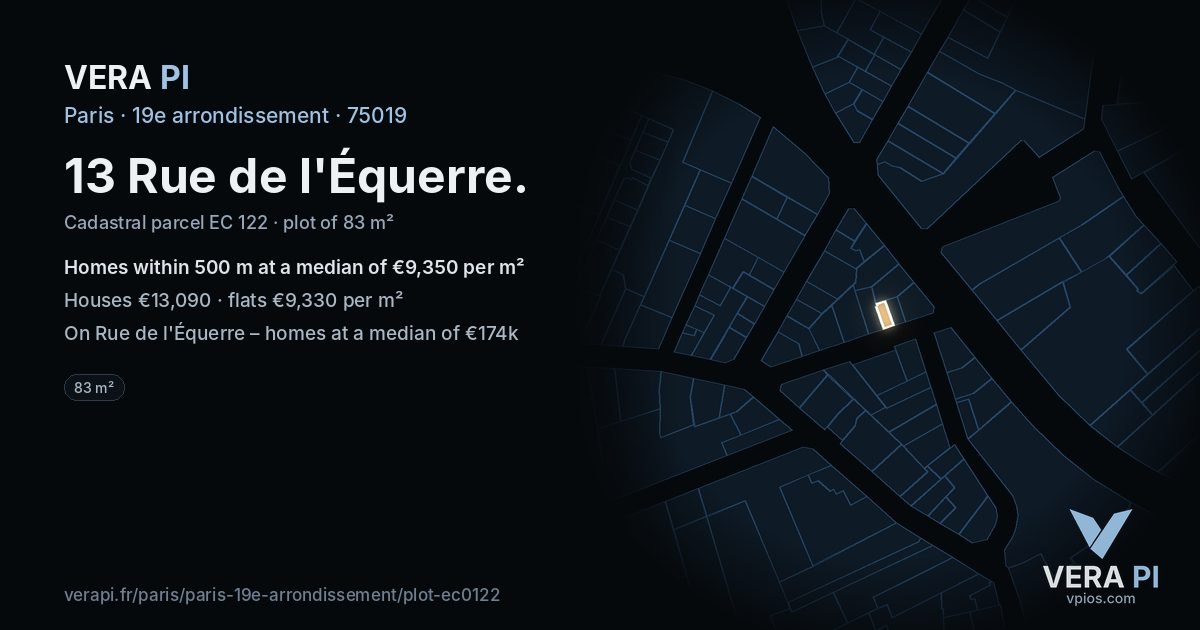 13 Rue de l'Équerre, 19e arrondissement at night – the plot lit, the parcels around coloured by the prices near them