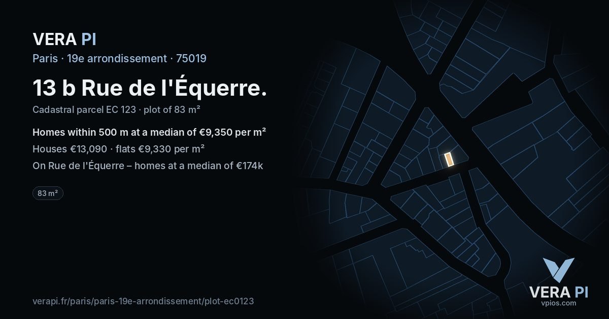 13 b Rue de l'Équerre, 19e arrondissement at night – the plot lit, the parcels around coloured by the prices near them