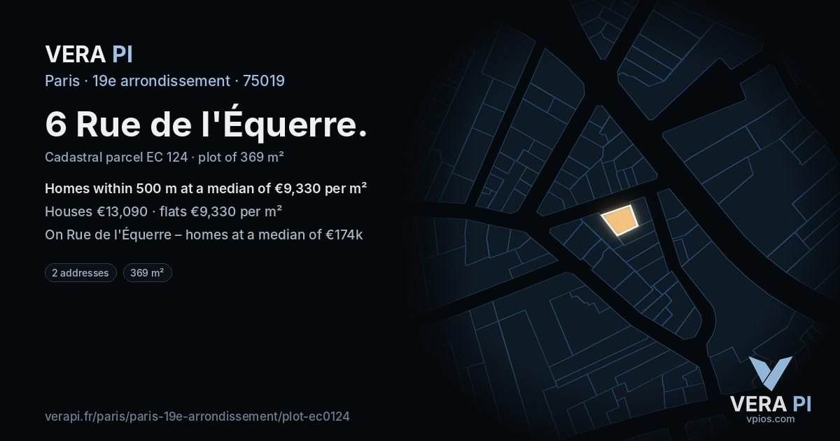 6 Rue de l'Équerre, 19e arrondissement at night – the plot lit, the parcels around coloured by the prices near them