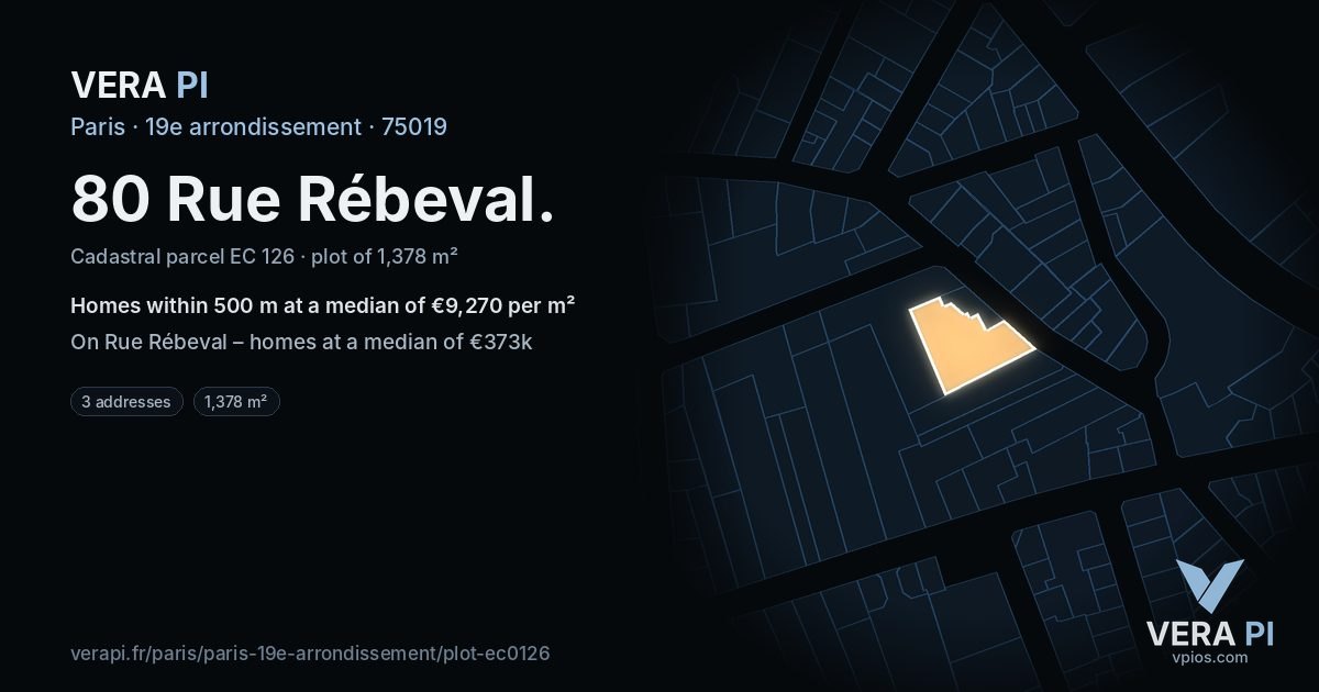 80 Rue Rébeval, 19e arrondissement at night – the plot lit, the parcels around coloured by the prices near them