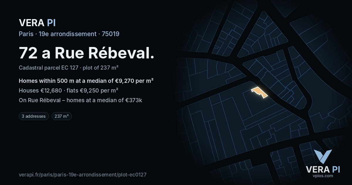 72 a Rue Rébeval, 19e arrondissement at night – the plot lit, the parcels around coloured by the prices near them