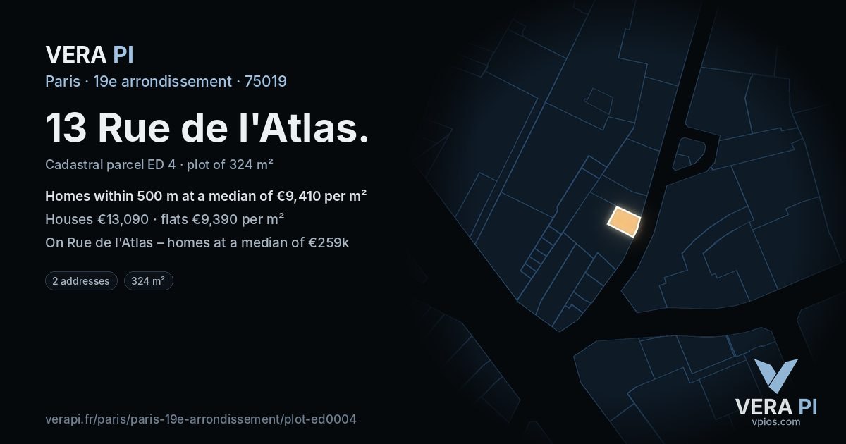 13 Rue de l'Atlas, 19e arrondissement at night – the plot lit, the parcels around coloured by the prices near them