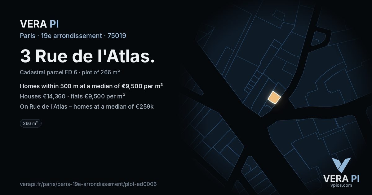 3 Rue de l'Atlas, 19e arrondissement at night – the plot lit, the parcels around coloured by the prices near them