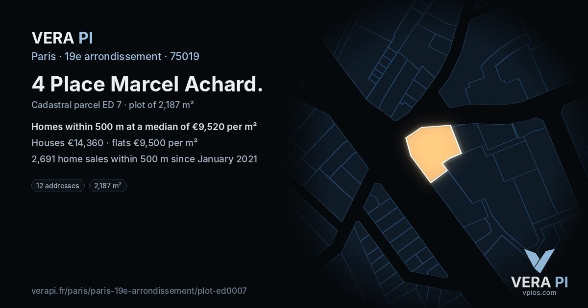 4 Place Marcel Achard, 19e arrondissement at night – the plot lit, the parcels around coloured by the prices near them