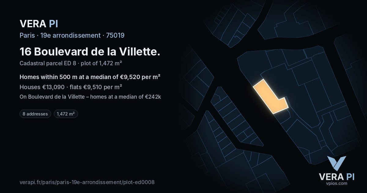 16 Boulevard de la Villette, 19e arrondissement at night – the plot lit, the parcels around coloured by the prices near them