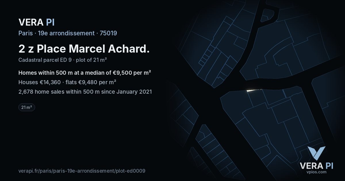 2 z Place Marcel Achard, 19e arrondissement at night – the plot lit, the parcels around coloured by the prices near them