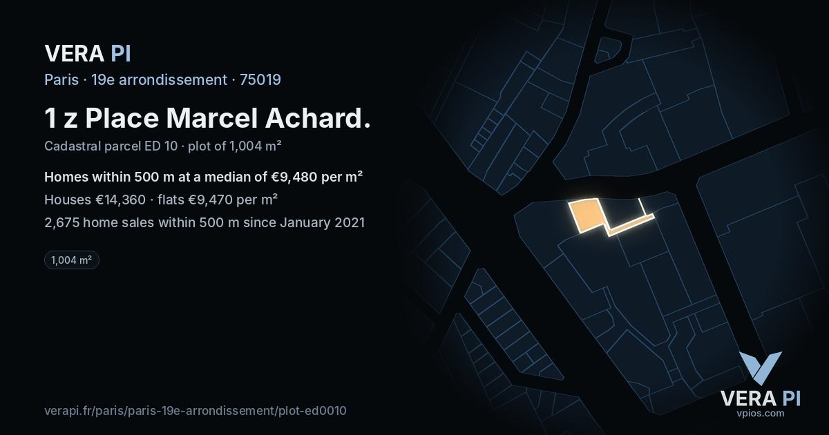 1 z Place Marcel Achard, 19e arrondissement at night – the plot lit, the parcels around coloured by the prices near them