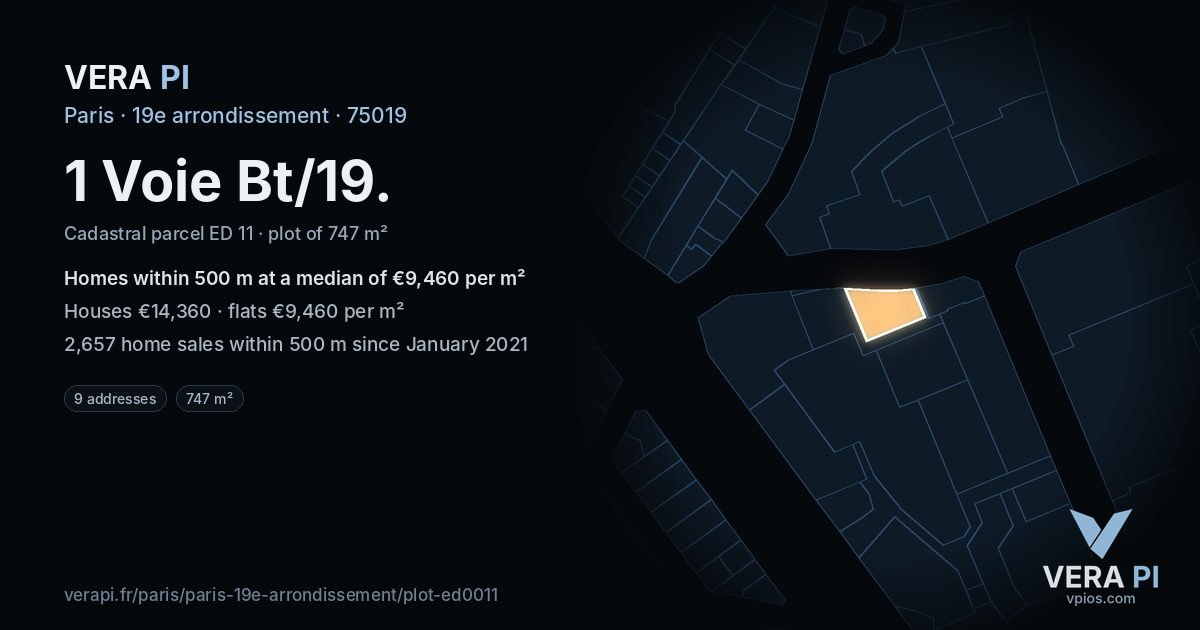 1 Voie Bt/19, 19e arrondissement at night – the plot lit, the parcels around coloured by the prices near them