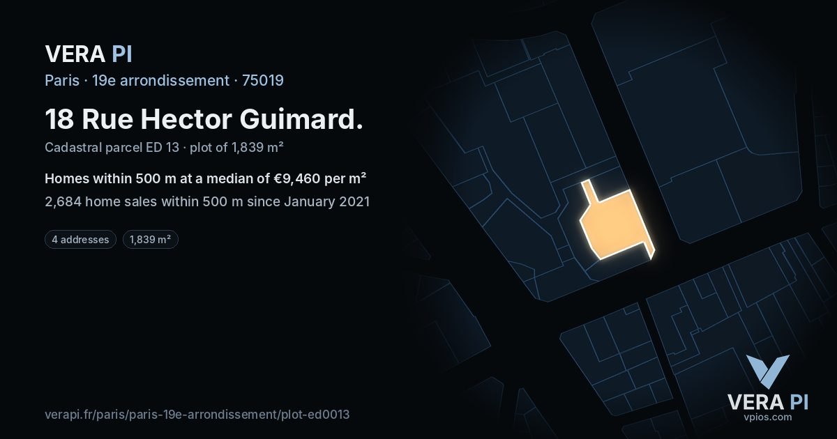 18 Rue Hector Guimard, 19e arrondissement at night – the plot lit, the parcels around coloured by the prices near them