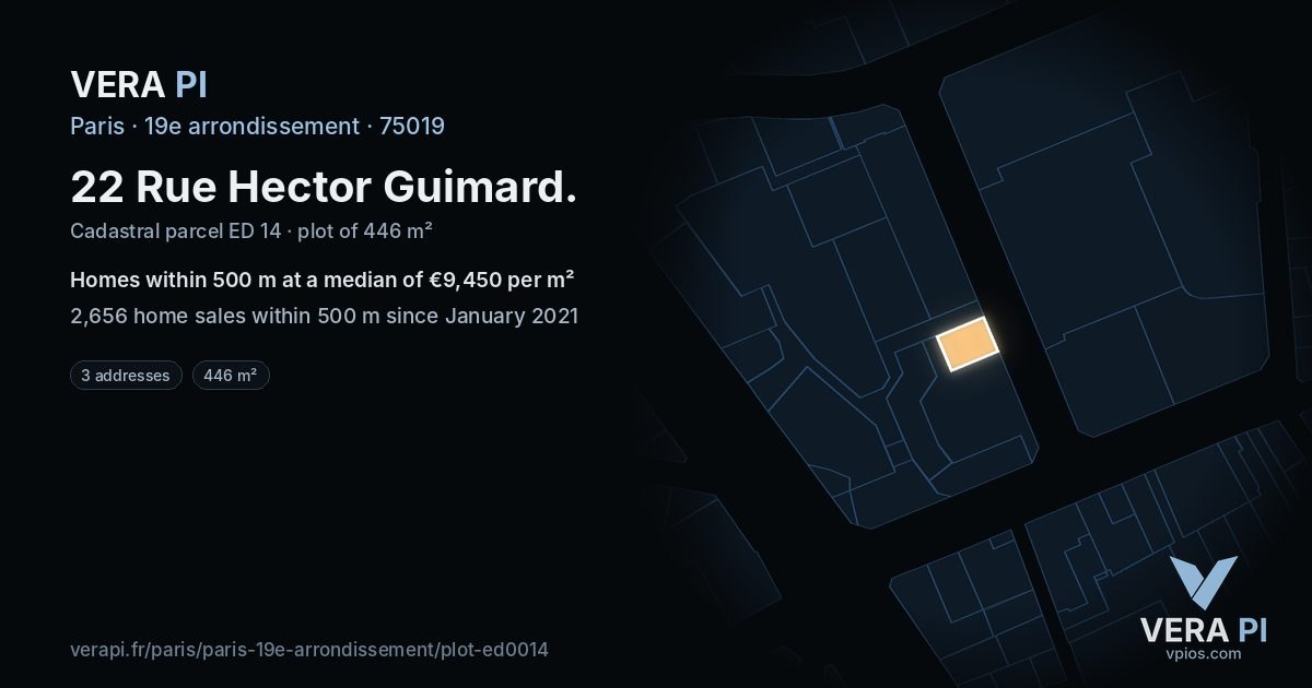 22 Rue Hector Guimard, 19e arrondissement at night – the plot lit, the parcels around coloured by the prices near them