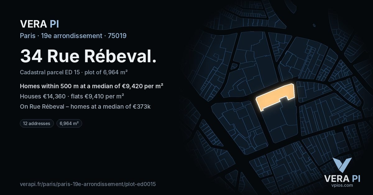 34 Rue Rébeval, 19e arrondissement at night – the plot lit, the parcels around coloured by the prices near them