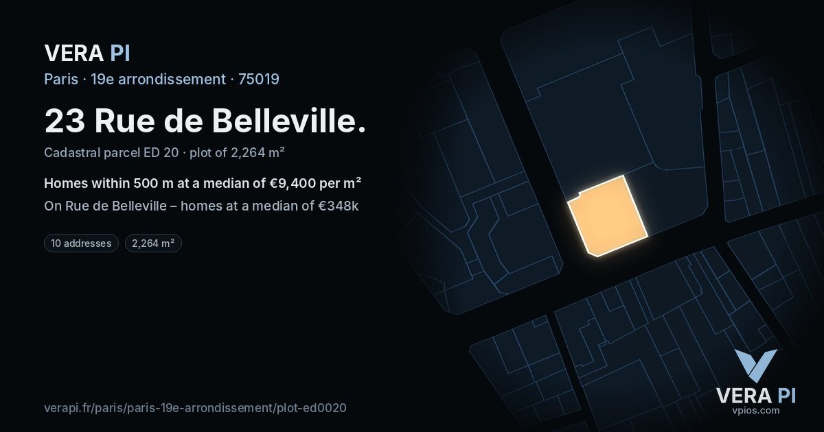 23 Rue de Belleville, 19e arrondissement at night – the plot lit, the parcels around coloured by the prices near them