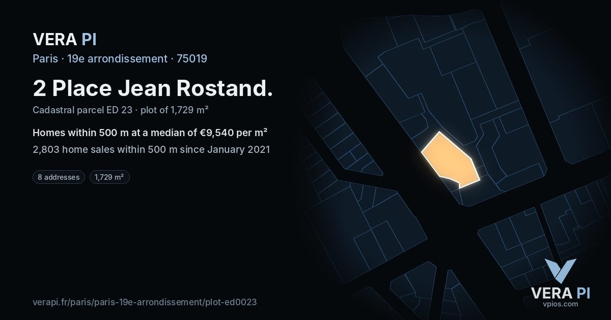 2 Place Jean Rostand, 19e arrondissement at night – the plot lit, the parcels around coloured by the prices near them