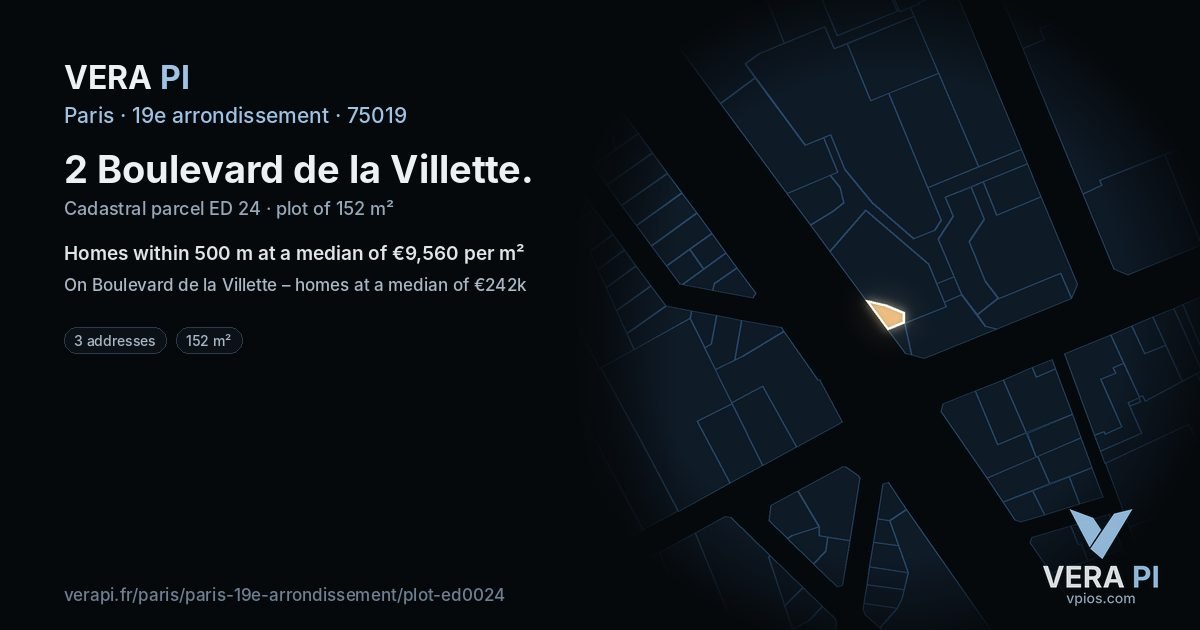 2 Boulevard de la Villette, 19e arrondissement at night – the plot lit, the parcels around coloured by the prices near them