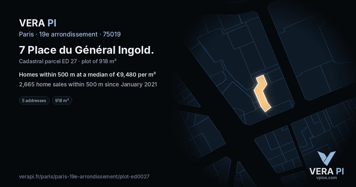 7 Place du Général Ingold, 19e arrondissement at night – the plot lit, the parcels around coloured by the prices near them