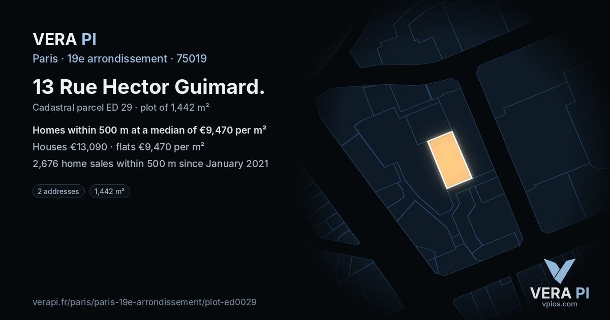 13 Rue Hector Guimard, 19e arrondissement at night – the plot lit, the parcels around coloured by the prices near them