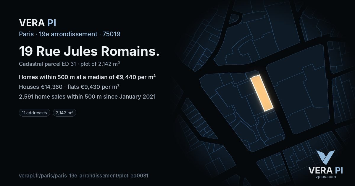 19 Rue Jules Romains, 19e arrondissement at night – the plot lit, the parcels around coloured by the prices near them