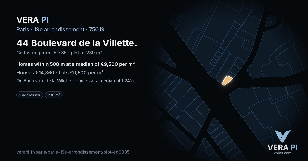 44 Boulevard de la Villette, 19e arrondissement at night – the plot lit, the parcels around coloured by the prices near them